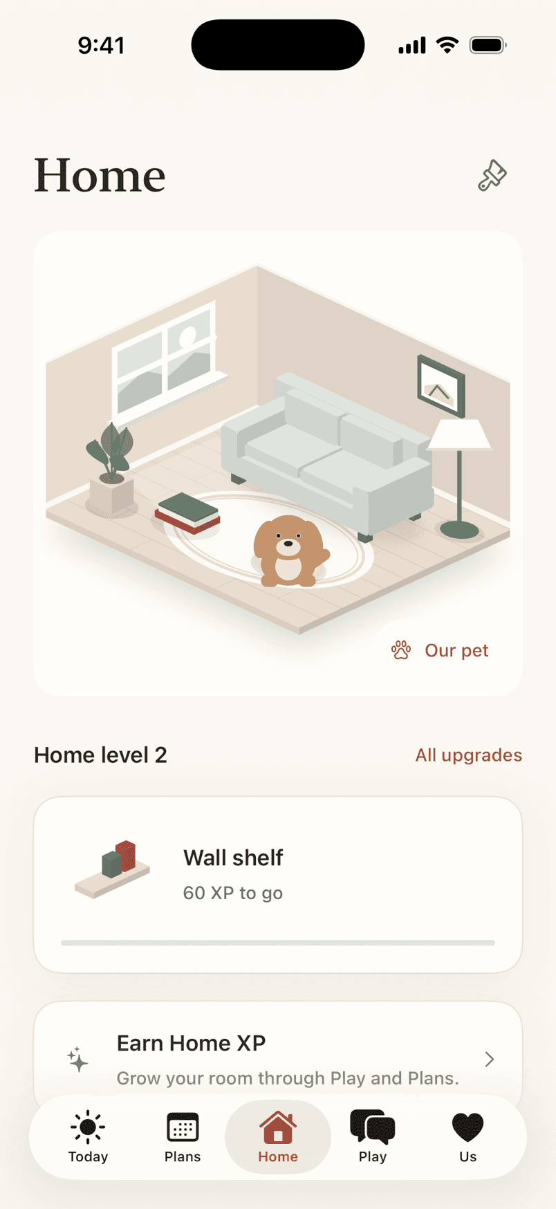 The Home screen with an illustrated room and a pet