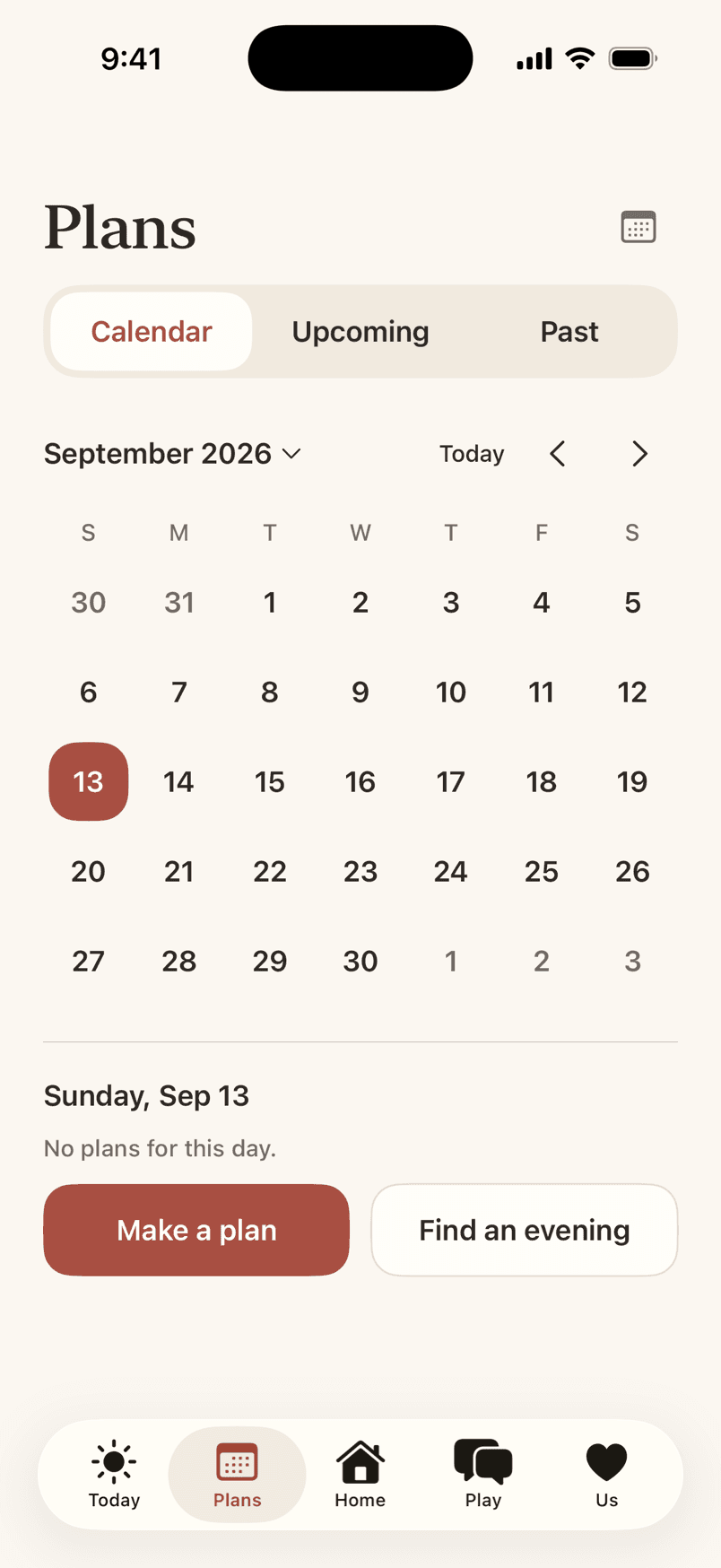 The Plans screen with a calendar, Make a plan and Find an evening