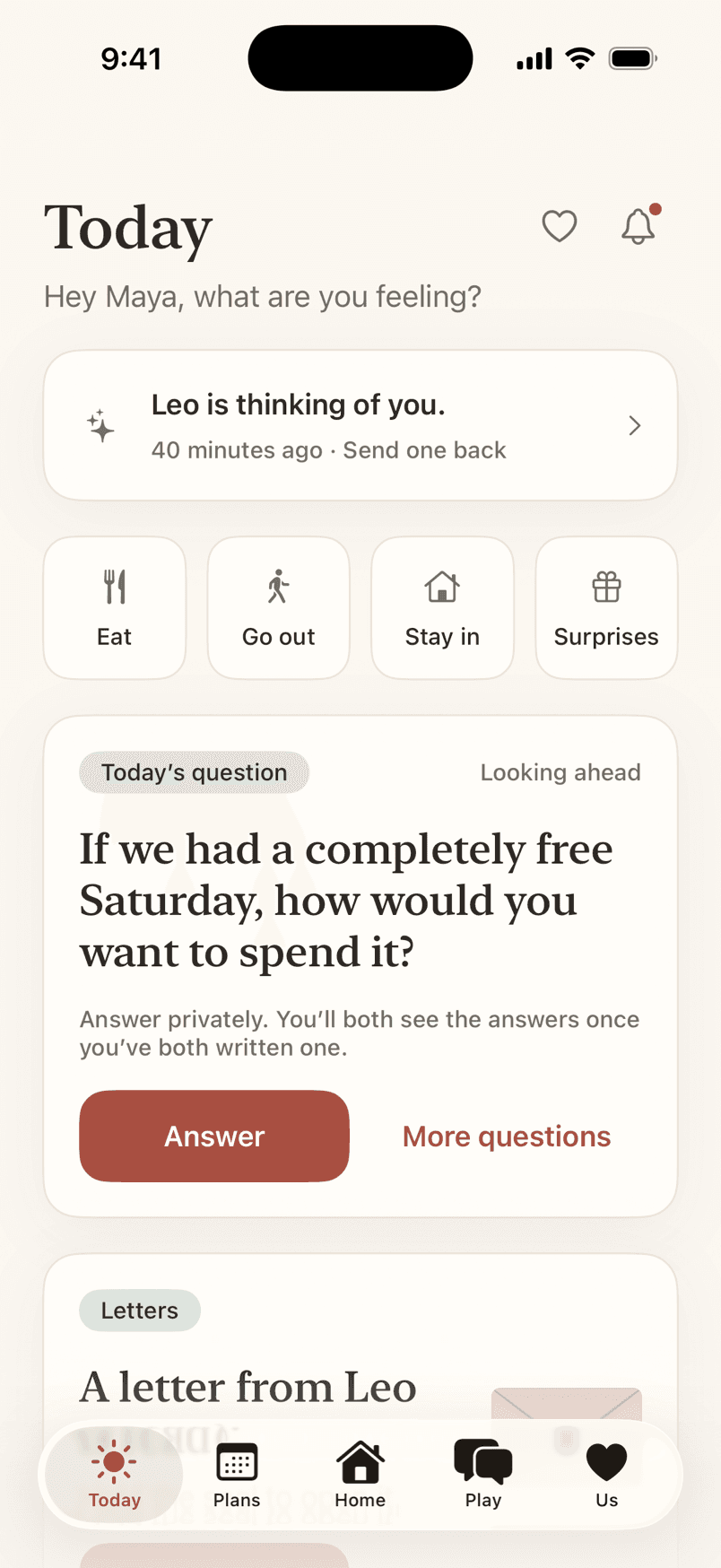 Belovi’s Today screen asking what sounds good, with Eat, Go out, Stay in and Surprises